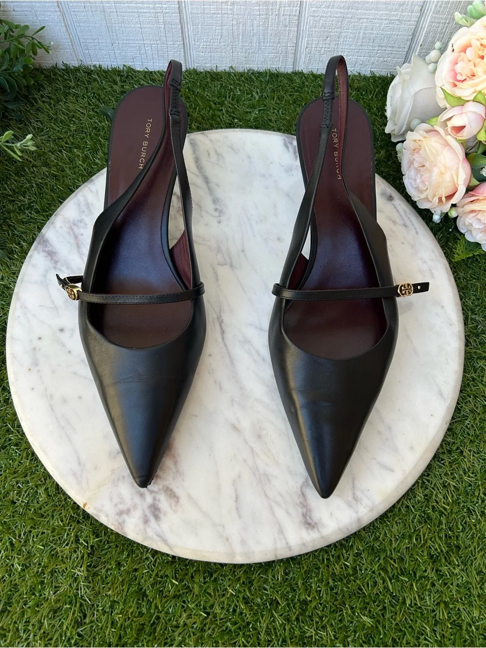 TORY BURCH DOUBLE T BUCKLE MARY JANE SLINGBACK $325 size 10  Perfect Black